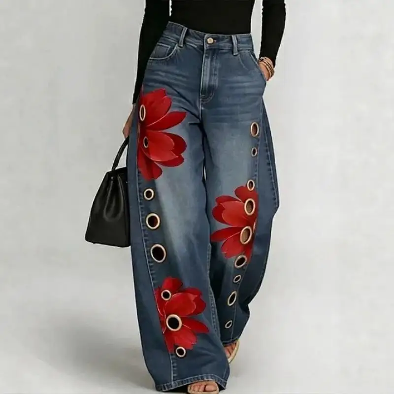 Women's Floral Applique Wide Leg Jeans High Waist Denim Pants with Metal Grommet Details Boho Style Trousers