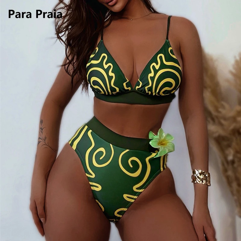 

Para Praia Sexy Green Print Halter Bikini Set High Waist Female Swimsuit Women Swimwear Two-pieces Thong Biquini