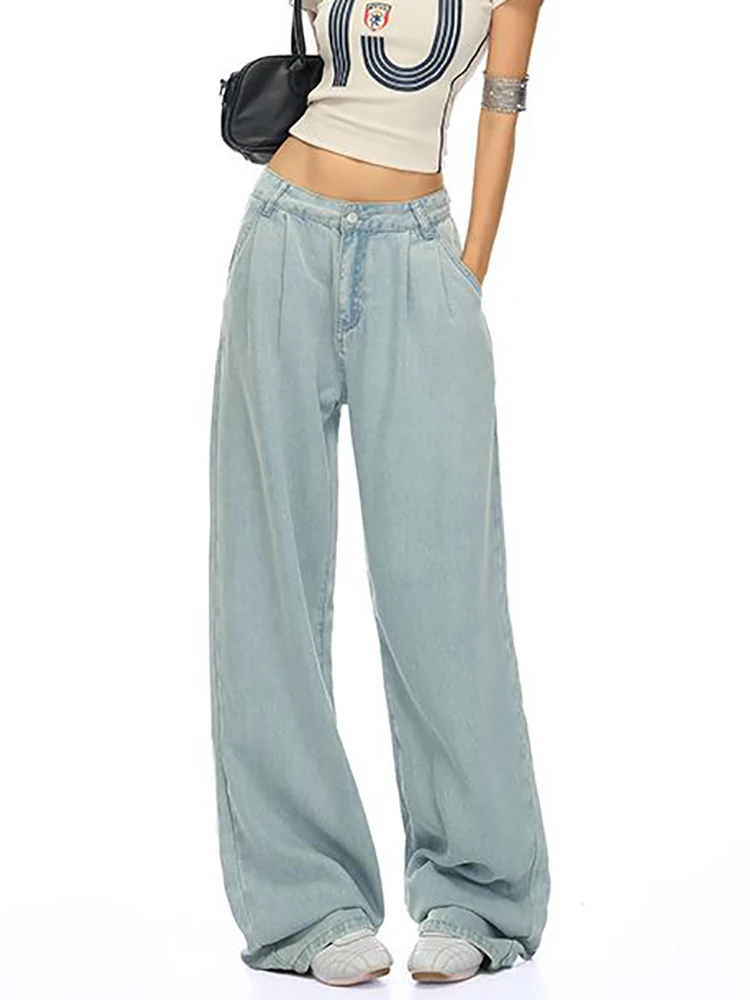 

Модные джинсы для женщин, длинные брюки с высокой талией, новинка 2025, летняя версия, широкие брюки Cool Feeling