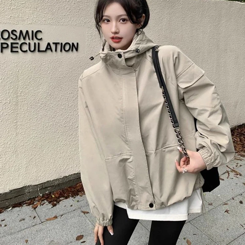 

Hooded Oversize s Women 2024 Autumn Bf Style Outerwear Chic Harajuku Solid Korean Zipper Casual Windbreaker Coats
