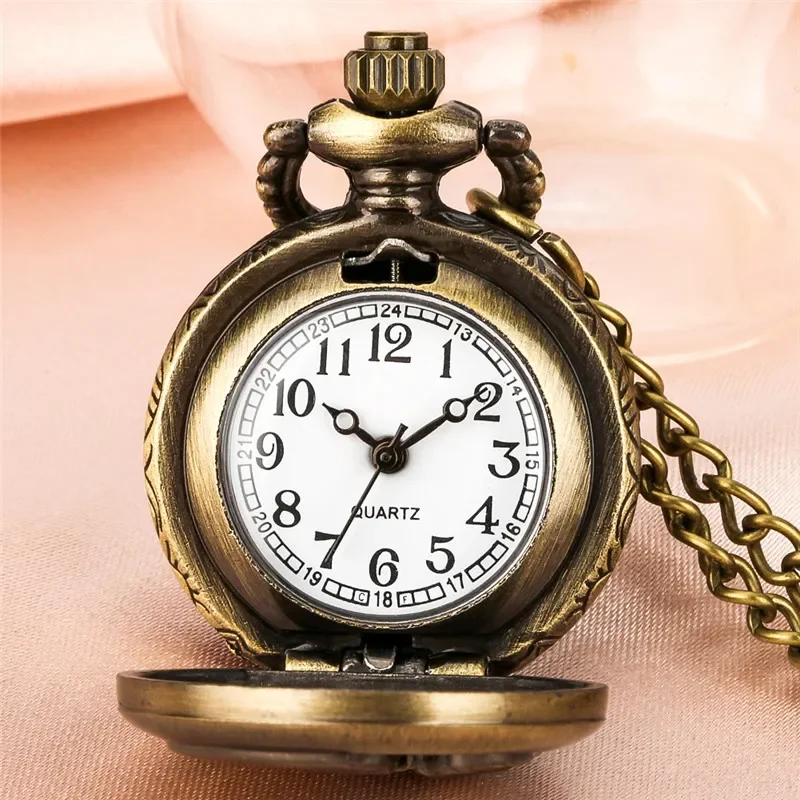 Vintage Style Small Size Heart Pattern Men Women Quartz Analog Pocket Watch Arabic Number Display Long Necklace Chain Gift