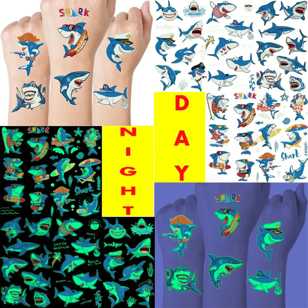 5PC Luminous Pirate Temporary Tattoos For Boys Teens Glow In Dark Whale Dinosaur Fake Tattoo Sticker Toddler Car Tatoos Dino DIY