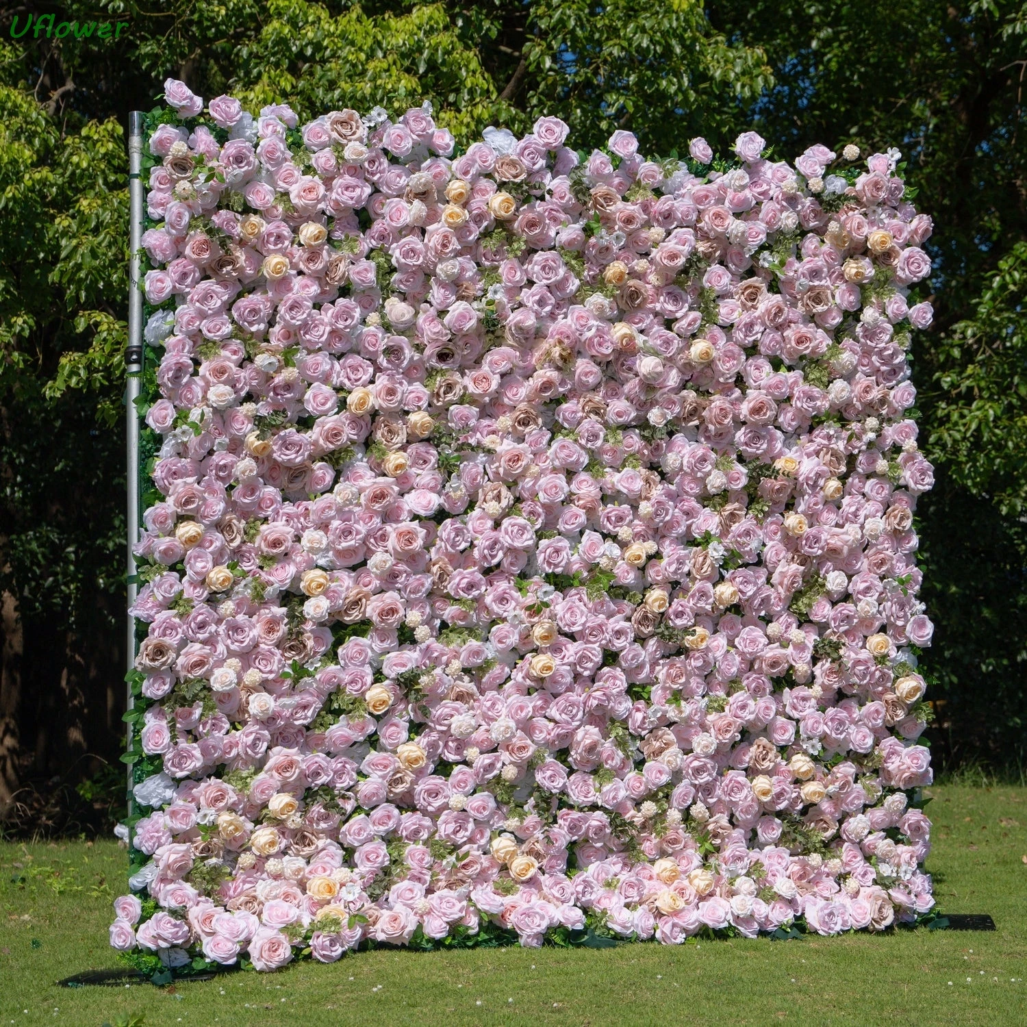 

Uflower Pink Flower Wall Roll-Up Hanging Fabric Backdrop Artificial Floral Curtain for Wedding Event Party Decorations
