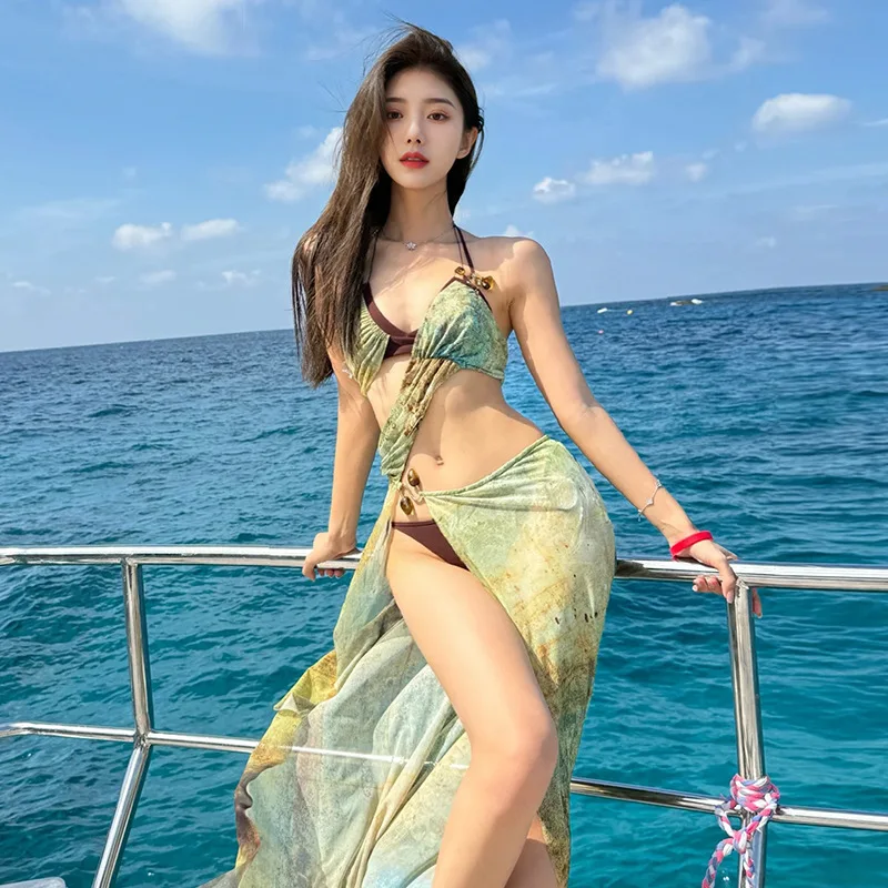 

Bohemian Korean Bikini Split Three-piece Sexy Suspender Vintage Long Dress Spice Girl Wind Hot Spring Swimsuit Bikini