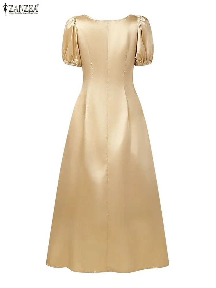 ZANZEA 여성 새틴 웨딩 게스트 파티 롱 드레스 우아하고 세련된 스퀘어 넥 짧은 퍼프 슬리브 피트 허리 A라인 드레스 S-3XL