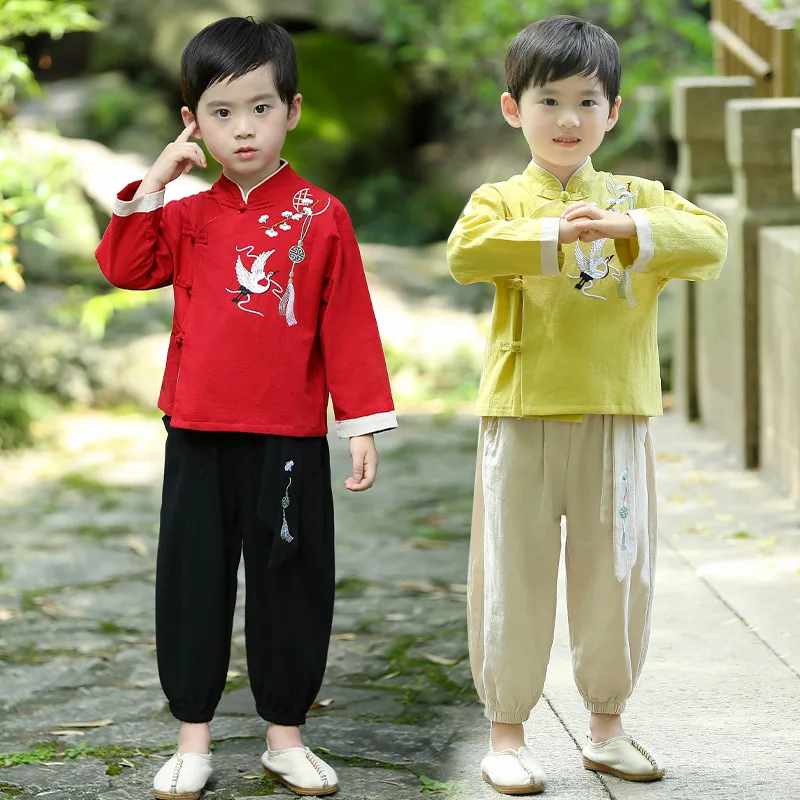 Autumn New Boy Chinese Style Traditional Embroidery Two Piece Set Hanfu Children Lovely Role Play Cosplay Vintage Button Costume