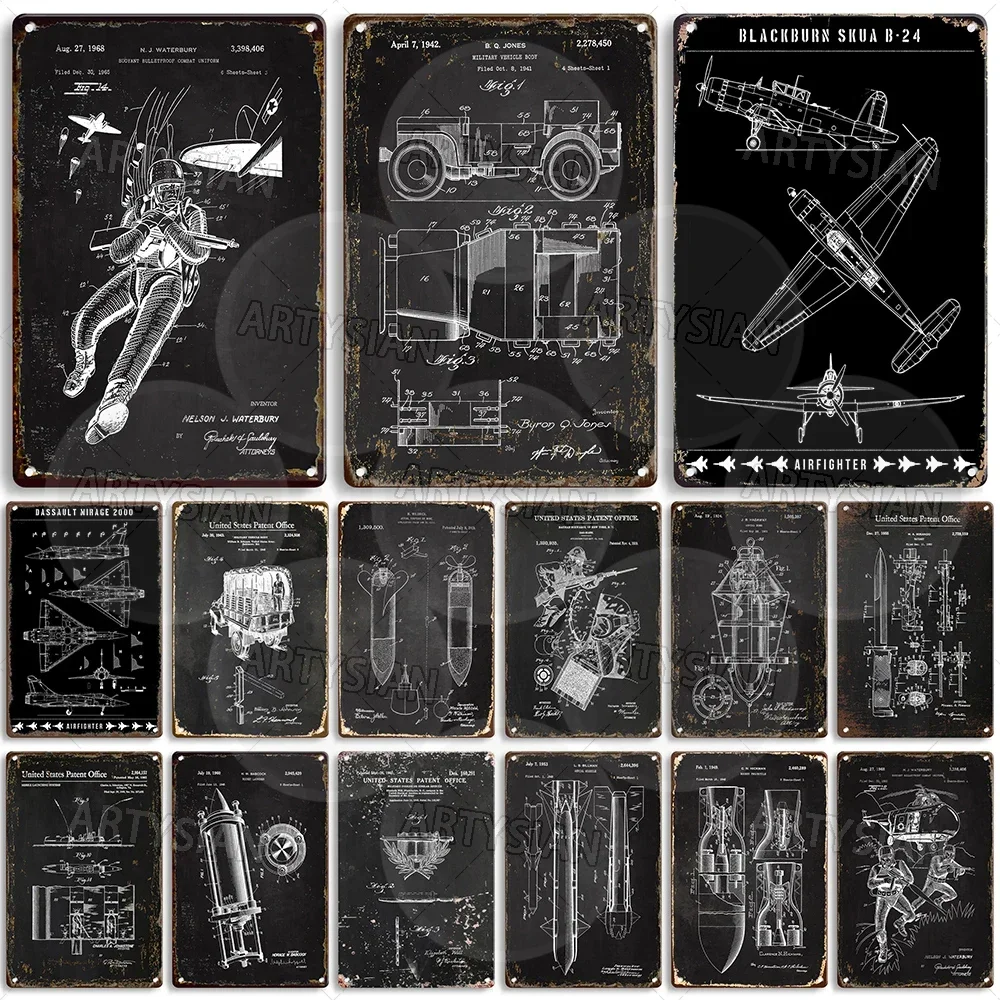 Patent Metal Sign Blackburn Skua B-24 Fighter Plane WWII Vehicle Gas Mask Aerial Bomb Dassault Mirage 2000 Military Truck Plaque