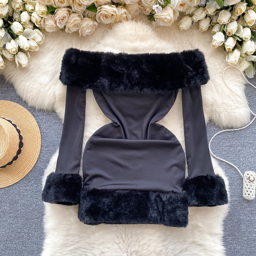 TWOTWINSTYLE Solid Patchwork Fur Slimming Dress For Women Slash Neck Long Sleeve High Waist Sexy Mini Dresses Female KDR517825