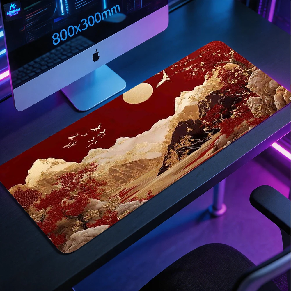 Mouse Pad Japanese Art Red Moon Mountain Landscape Gaming Mousepad River Bird Tree Desk Mat Aesthetic Asian 800x300mm Large Computer Workspace Office Setup Decoration Extended Durable Non-slip Printed Design