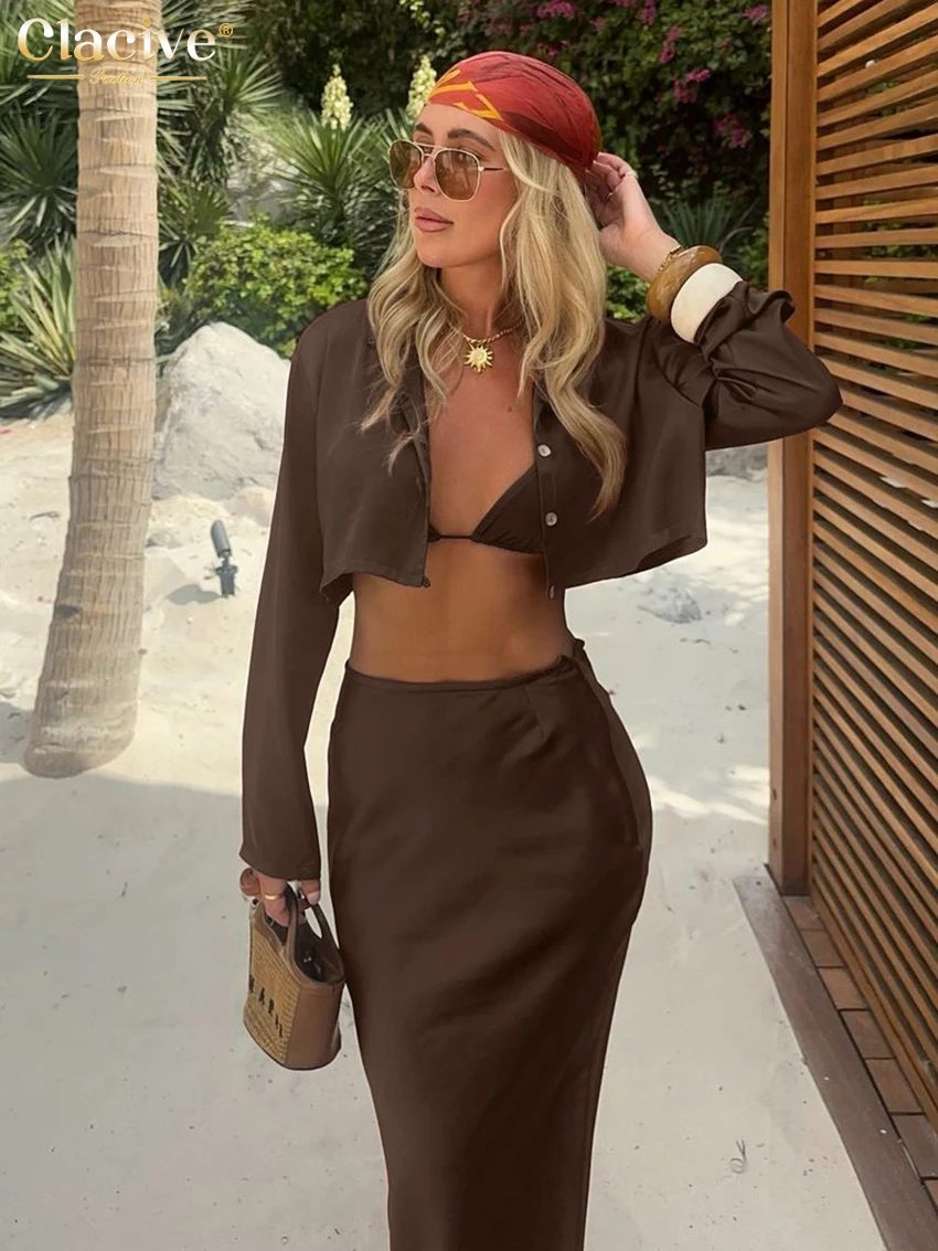 Clacive Sexy Loose Brown Satin 3 Piece Sets Women Outfit 2025 Fashion Long Sleeve Crop Top + Bra With High Waist Maxi Skirt Set