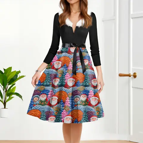 Moderiktig damklänning med rund hals, avslappnad tryck och långärmad, stor gungklänning för fest och högtider 10 best sales svart jultomteklänning - №1