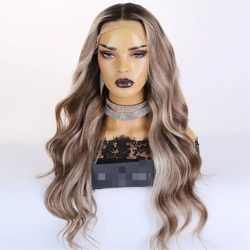 Brown Mixed Blonde Wig Long Wave T Part Lace Front 100%  Hair Wigs Glueless