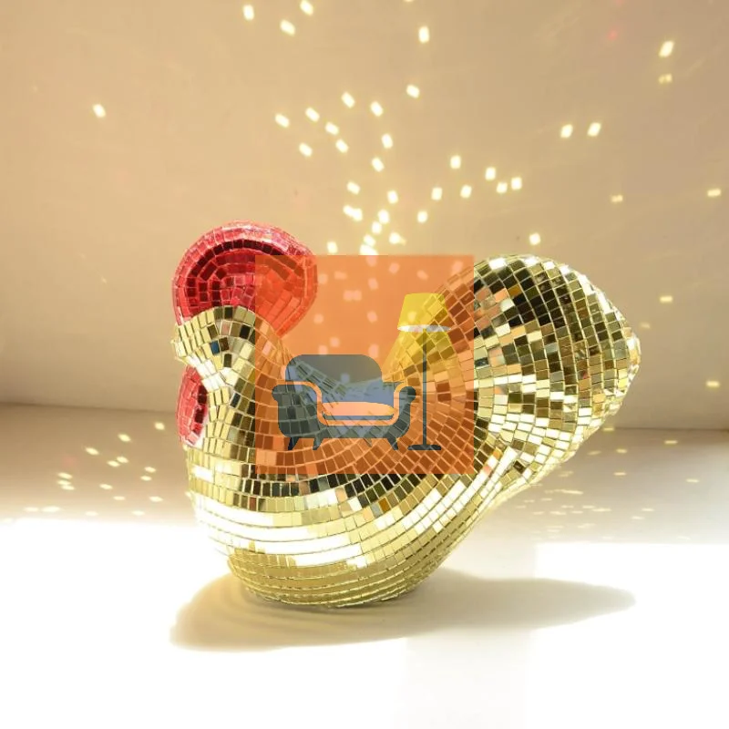Sculture di pollo a specchio creativo Statua Palla da discoteca Gallo Forma Decorazioni per la casa Ornamenti Forniture per feste Decorazioni di compleanno