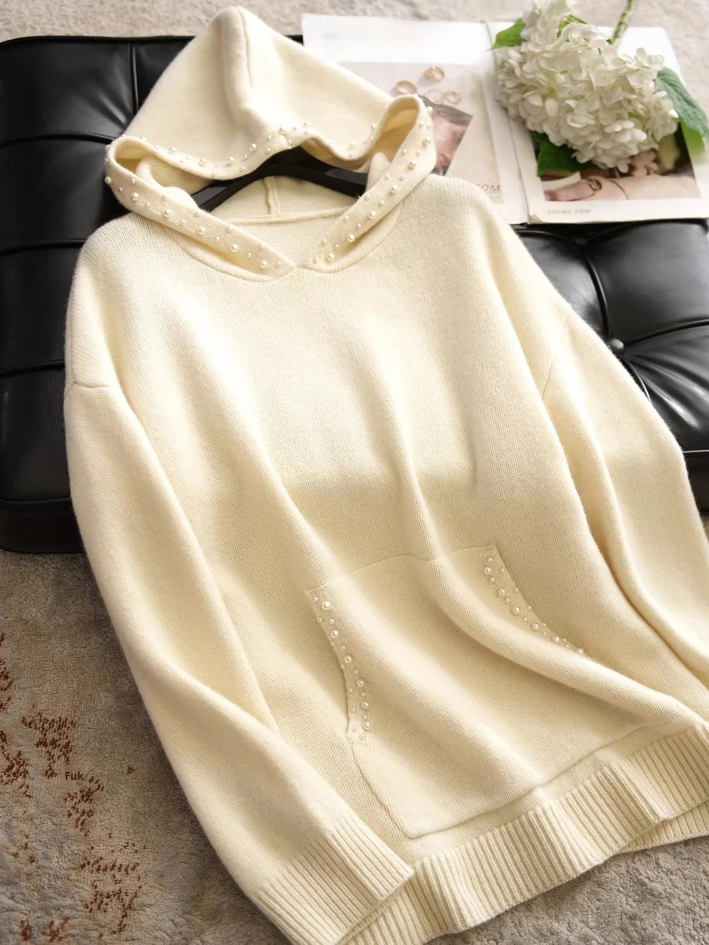 

Warm And Faionable 00 Wool Lazy High-End Feeling Hooded ket Embellied White Knitted Sweater Soft Casual Sle Long Sl...