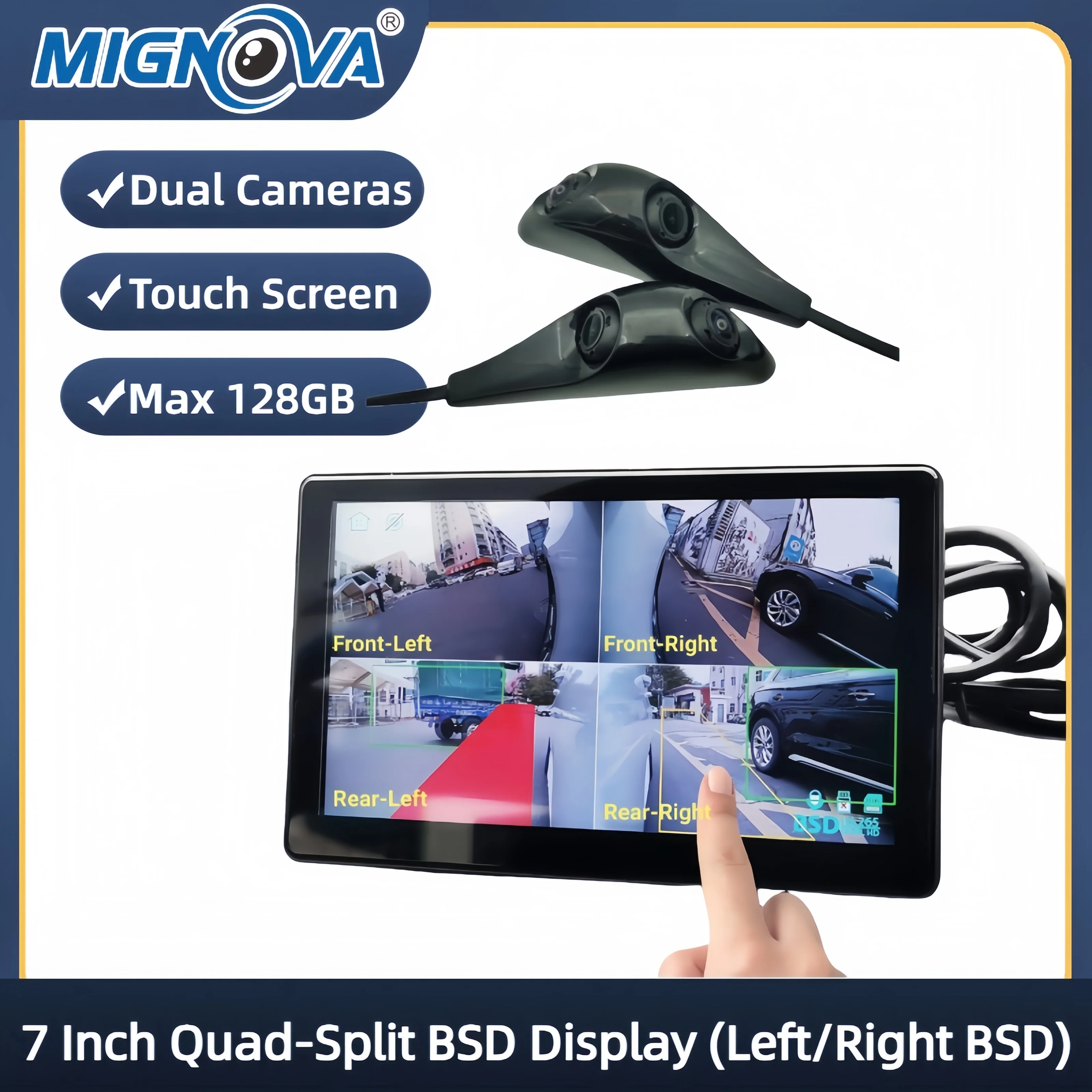 7 Inch 4CH Blind Spot BSD Alarm Car DVR Recorder Monitor with 2 PCS AHD 1080P Sideview Backup Camera For Truck Bus RV