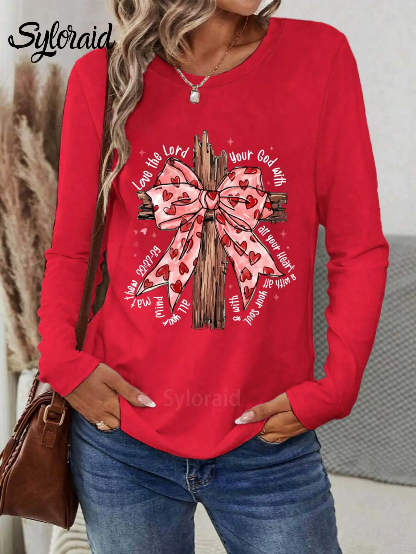 Maglietta a maniche lunghe da donna Maglietta cristiana con stampa incrociata con fiocco per San Valentino Maglietta casual girocollo alla moda