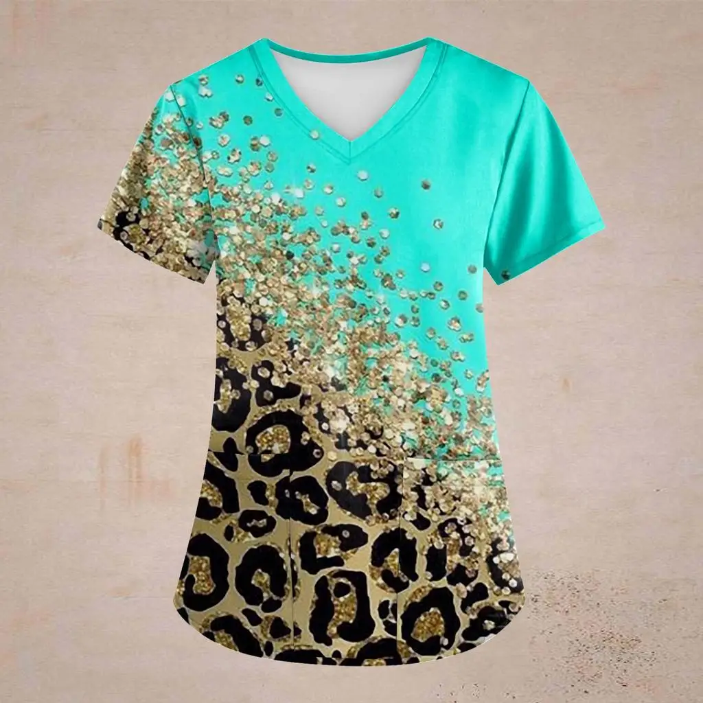 Summer Retro Leopard Printed Scrub Working Uniform Tops For Women Cross V-Neck Short Sleeve Lovely Fun T-Shirts Korean Clothing