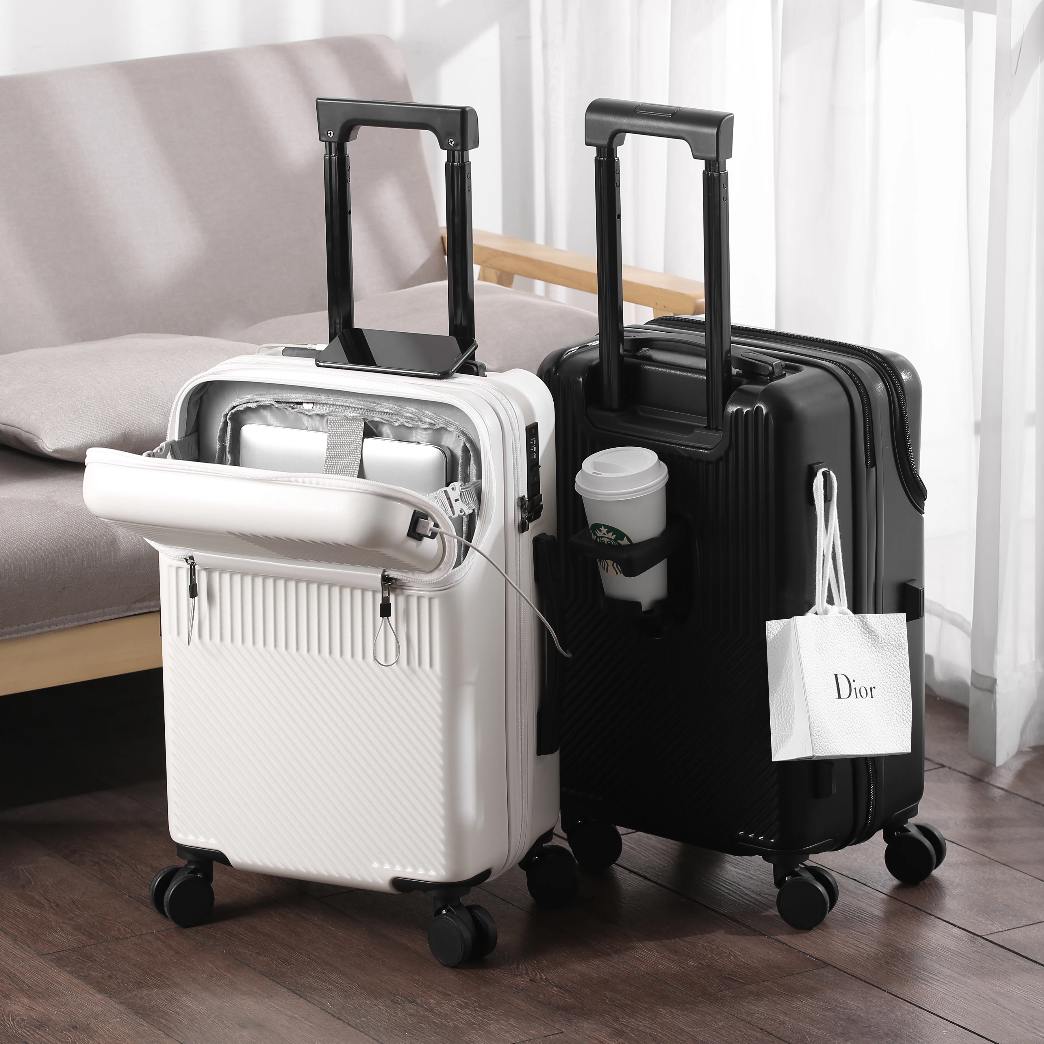 

Custom Logo Suitcase Luggage Stylish Business Suitcase With Cup Holder Compact 20-inch Lightweight