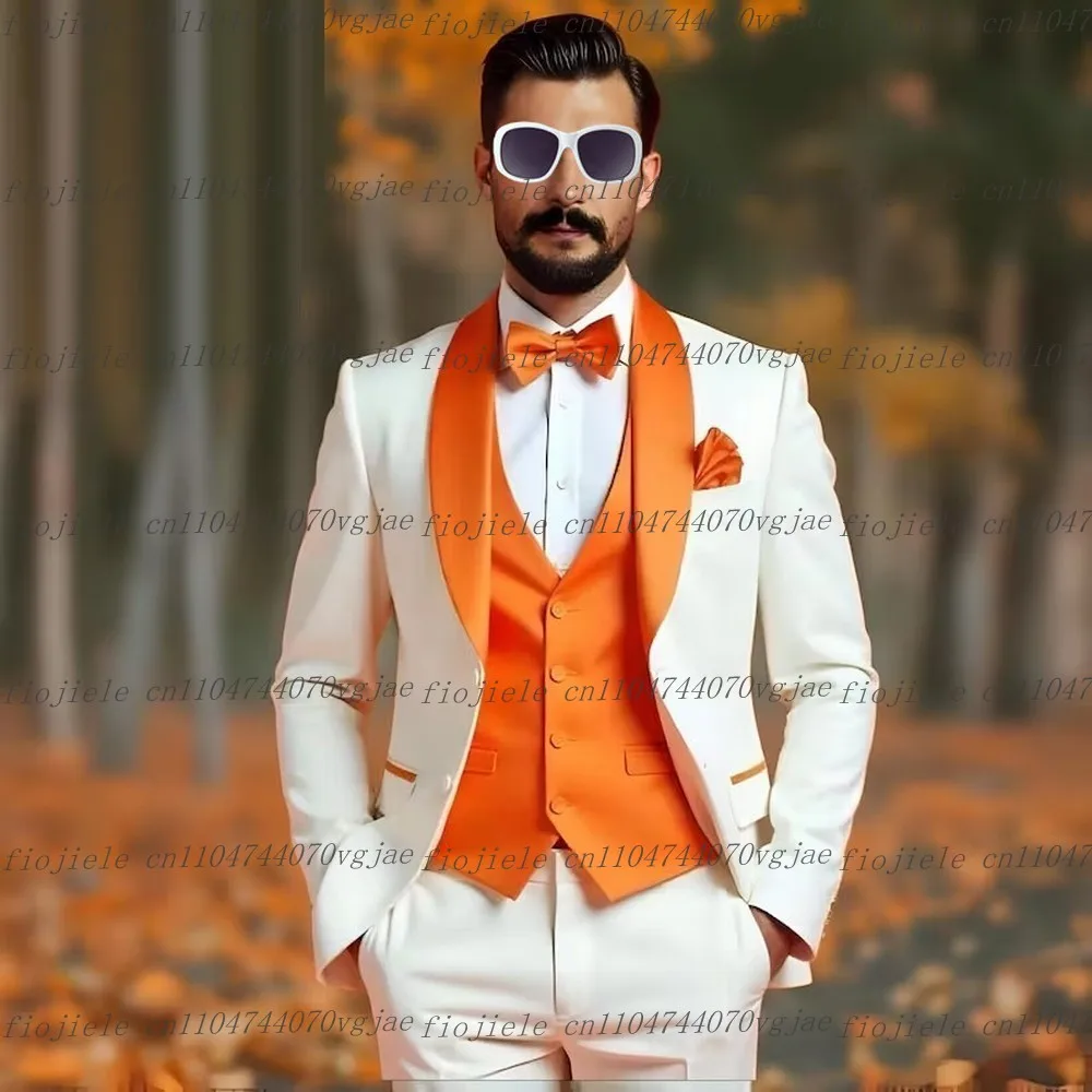 

White Orange Men Suit Formal Wedding Party Groom Groomsman Business Male Tuxedos Customized 3 Piece Set Jacket Vest Pants
