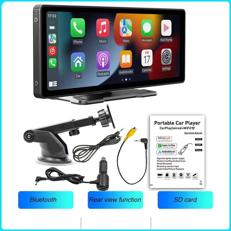BQCC 10,26 inch draagbare draadloze Carplay-scherm HD achteruitrijcamera autoradio DVR MP5 multimedia videospeler Android Auto