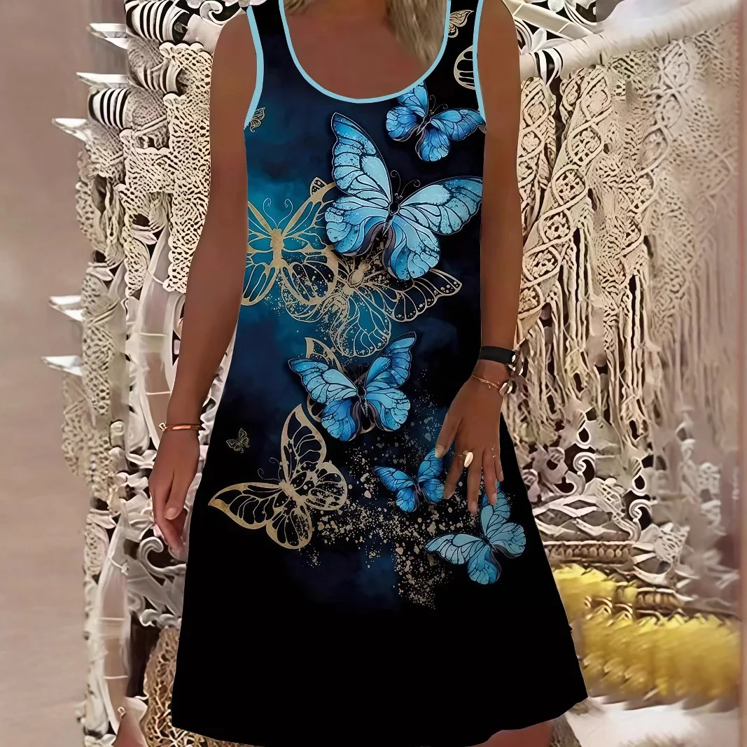 2025 Summer Dresses Fashion Elegant Women Round Neck Ethnic Style  Butterfly Print Dress Casual Plus Size Loose Sleeveless Dress