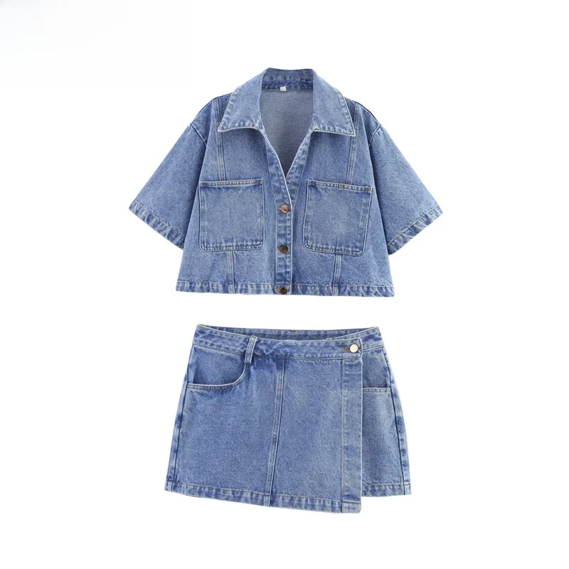 

Весенняя новинка, женская джинсовая юбка с коротким воротником, двубортная юбка, брюки, комплект Faion, полиэфирное волокно ort S...