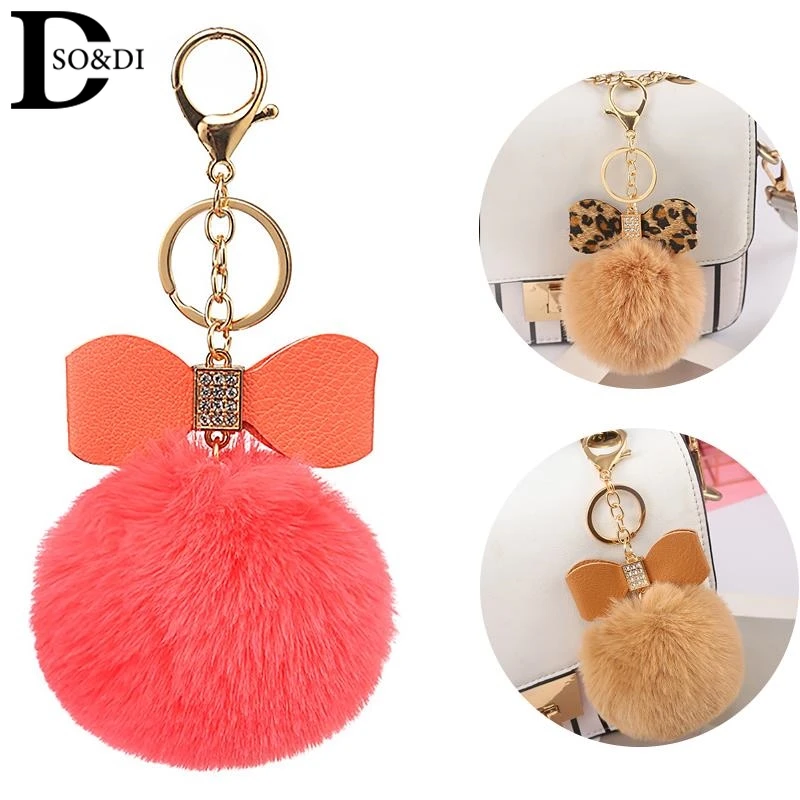 Fashion Pompom Keychain Bow With Brilliant Rhinestone Women HandBag Ornaments Plush Ball Keyring Car Key Holder Accessories