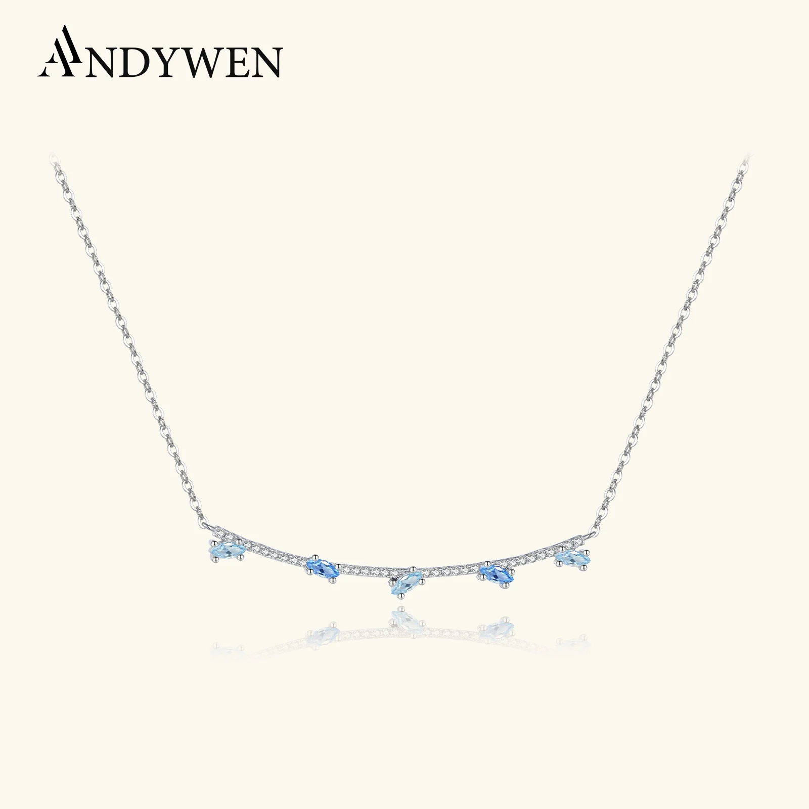 

ANDYWEN 925 Sterling Silver Necklace with Blue Marquise Sapphire Zircon CZ Luxury Fine Jewelry for Women Party & Daily Wear
