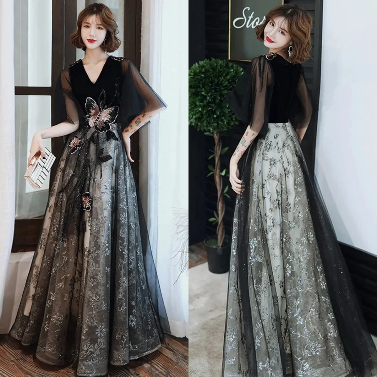 

Evening Dress Black Tulle Bling Glitter Velvet V-neck Half Sleeves A-line Lace up Floor Length Plus size Women Party Formal Gown