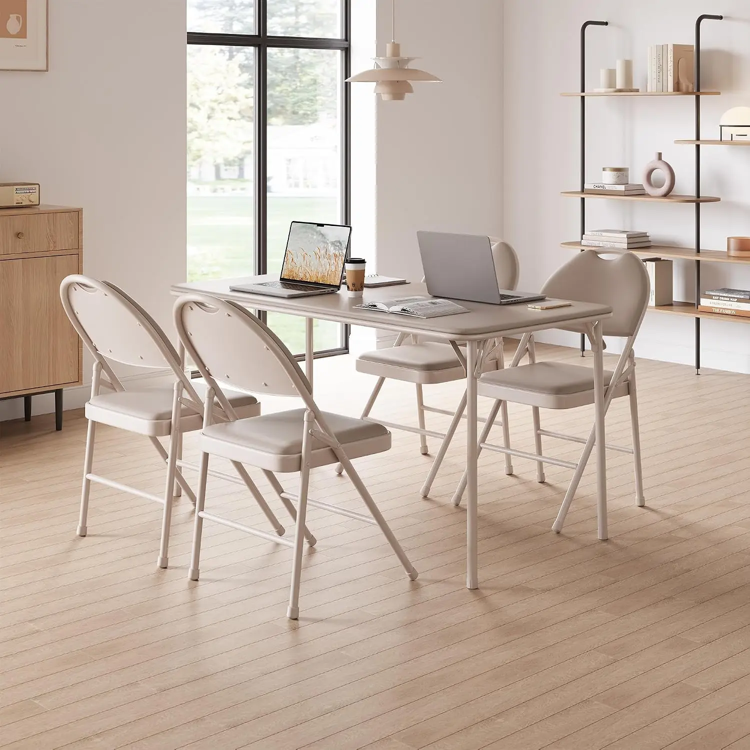 Metal Folding Chairs of 4 Pack4PCS/SET Metal Dining Chair Outdoor Heavy-Duty Folding Chair Backrest Seat Cafe Style Modern Furniture for Home Office Indoor Use Soft Cushions & Non-Slip Feet, Beige