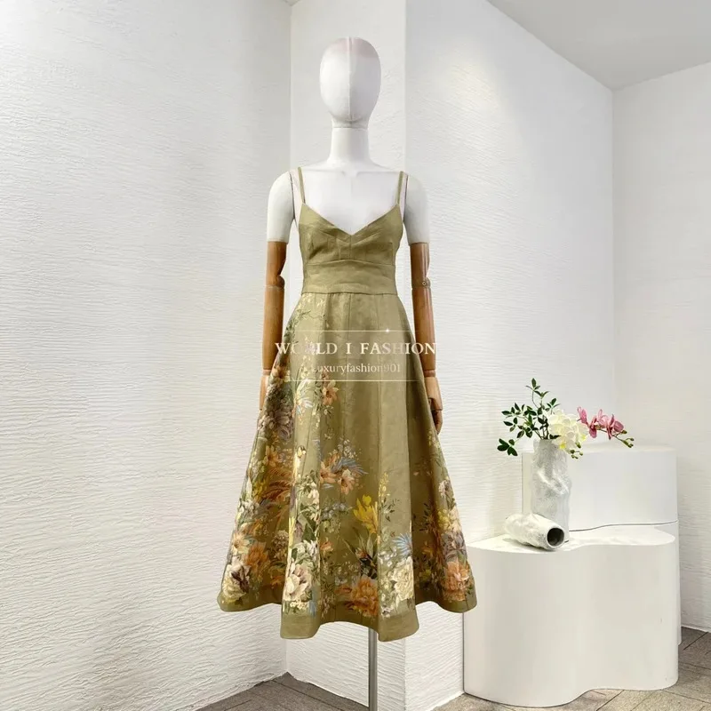 Abito longuette da donna per spaghetti da vacanza in lino senza maniche con stampa floreale verde oliva stile spiaggia