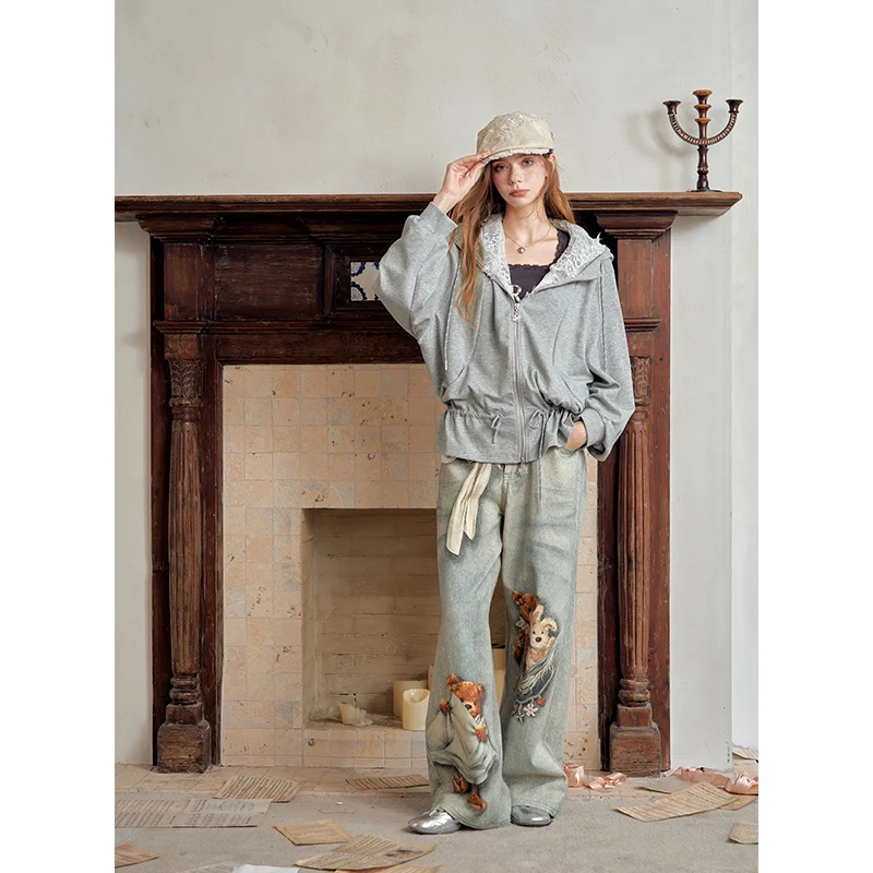 ELFSACK Women Grey Zip‑Up Hoodie with Lace Hood Lining Drawstring Waist Long‑Sleeve Casual Jacket for Autumn Daily Wear