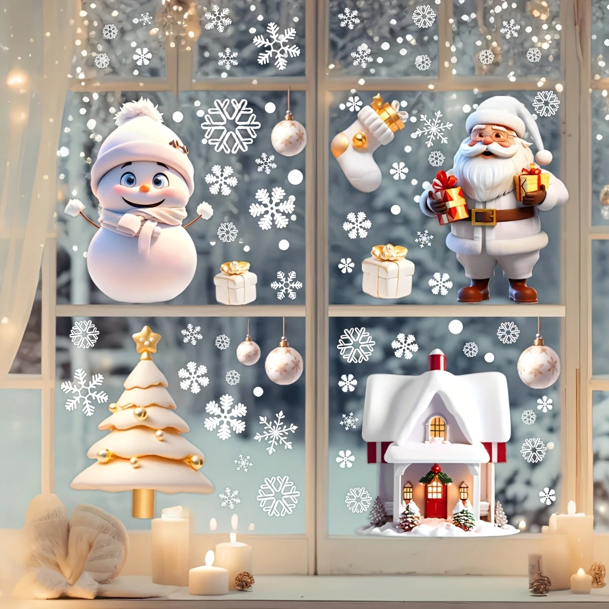4 Blatt (insgesamt 130 Stück) – Statische Fensterdekorationen, wiederverwendbare Weihnachts-Fensteraufkleber für Zuhause, Weihnachts-Fensterschleifen-Aufkleber