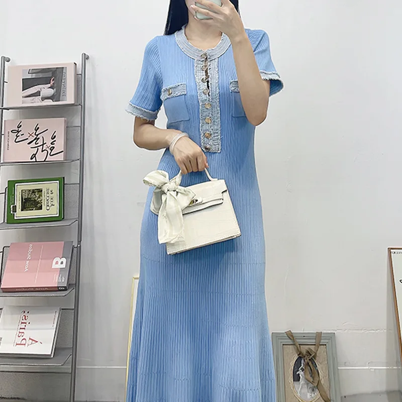 High Quality Spring Summer Short Sleeve Women Dress Colorblock Pocket Metal Button Mopping Floor Elegant Lady Maxi Knitted Dress