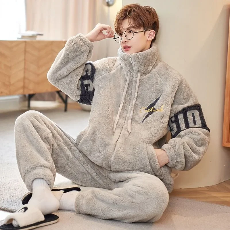 2023 New Autumn and Winter Loungewear Coral Velvet Pajamas Men\'s Thickened Plush Sleepwear Warm Zipper Set Casual Homewear