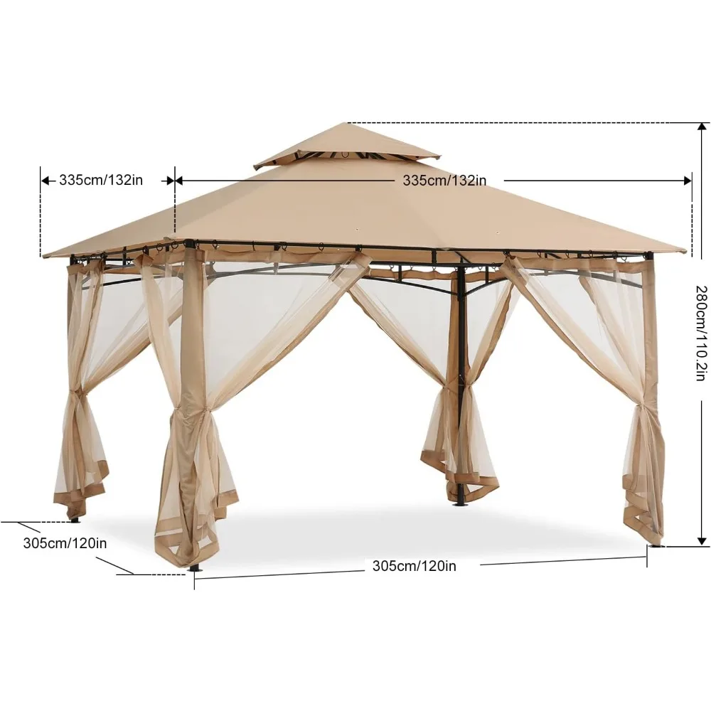 Gazebos Gazebo rangka baja 10x10, jaring nyamuk untuk halaman rumput, dek taman, baja luar ruangan