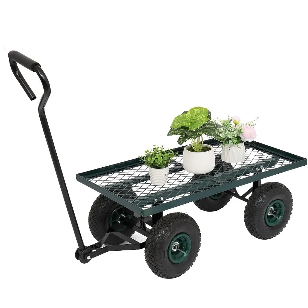 Metal Deck Garden Cart with 10” Air Tires, Heavy Duty Wagon Cart for Farm, Yard and Cargo