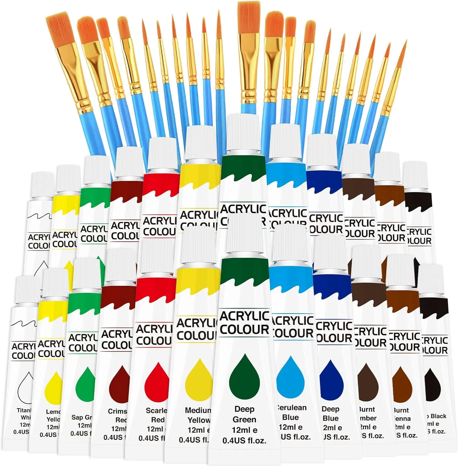 

12-Color Acrylic Paint Set with 20 Brushes for Artists, Non-Toxic Craft Kit for Canvas, Wood & More