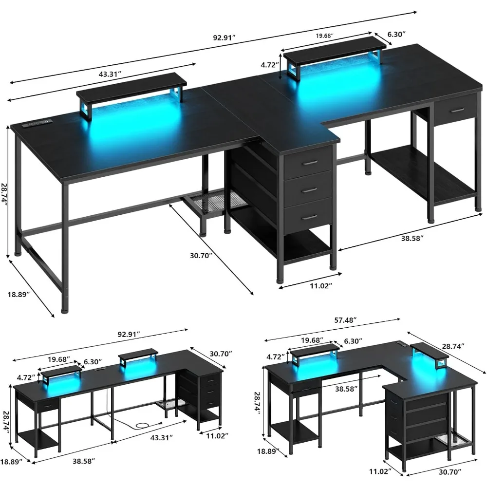 Bureau de jeu double extra long avec prise de courant et lumière LED, bureau Tatnoir, 2 supports de moniteur