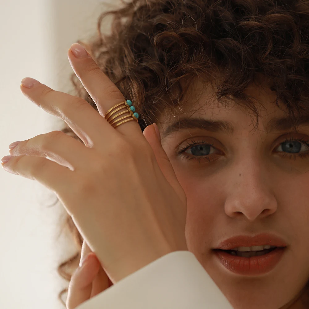 Yhpup Natural Turquoise Stone Stainless Steel Ring Summer Bohemia Woman Jewelry  Trendy Cheap Open Finger Ring Accessory