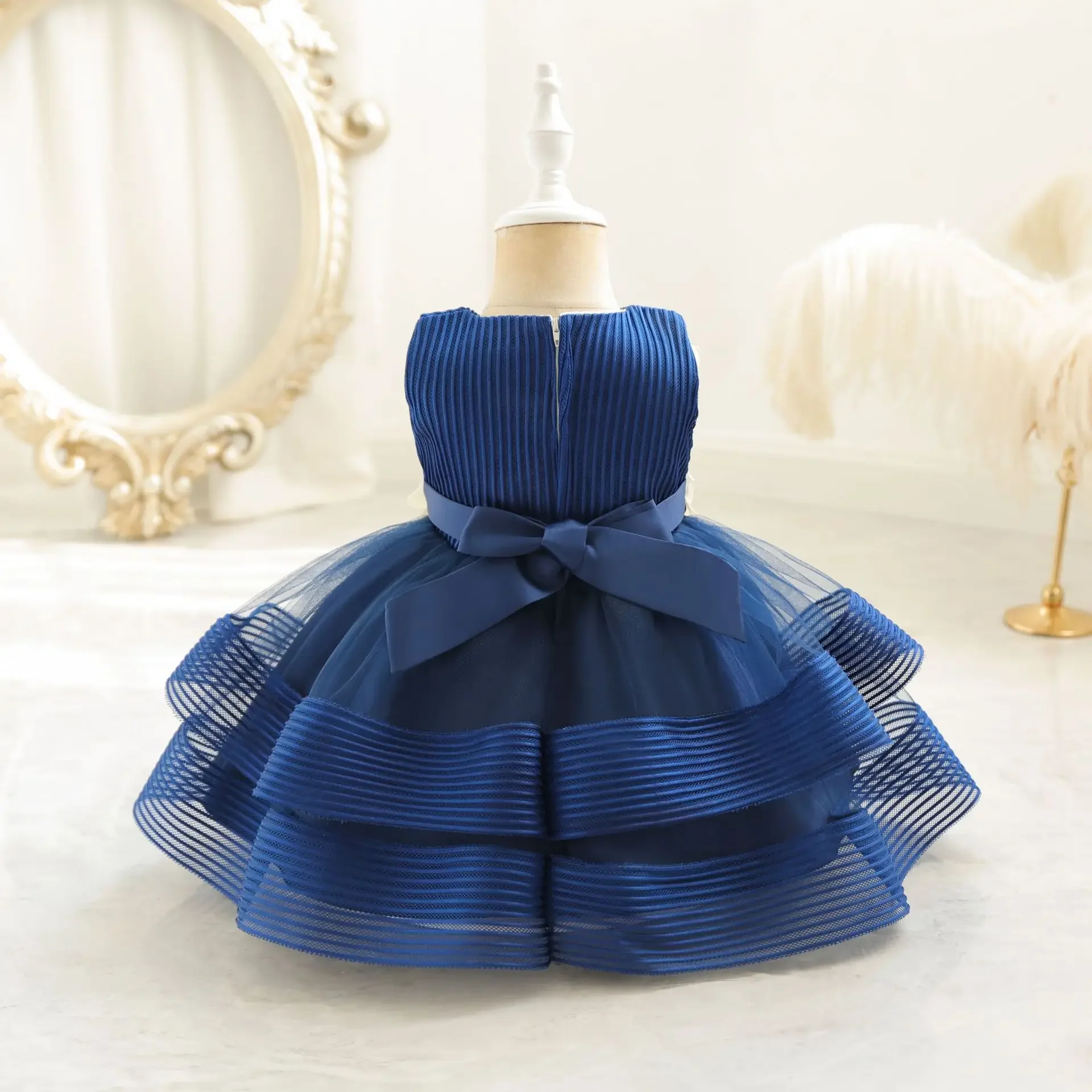 

Princess Girl Kid's Dress Flower Bowknot Mesh Layered Baby Party Dresses Striped White Sleeveless Toddler Frocks 0 To 24 Months