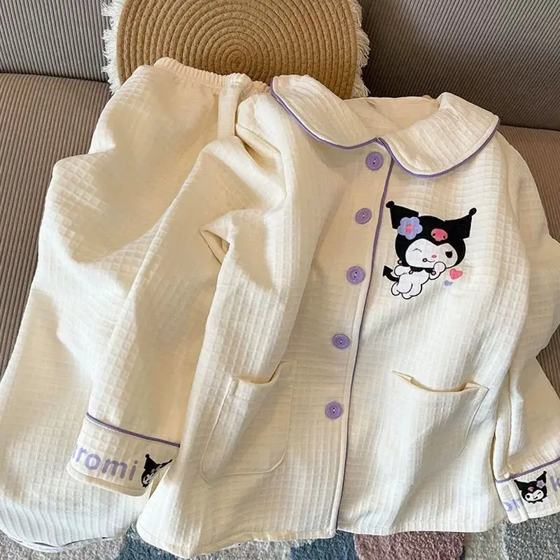 

Пижамы Kuromi для девочек, весна-осень-зима, ламинированный воздушный хлопок, утепленный костюм с длинными рукавами для студентов, которую можно носить вне домашней одежды