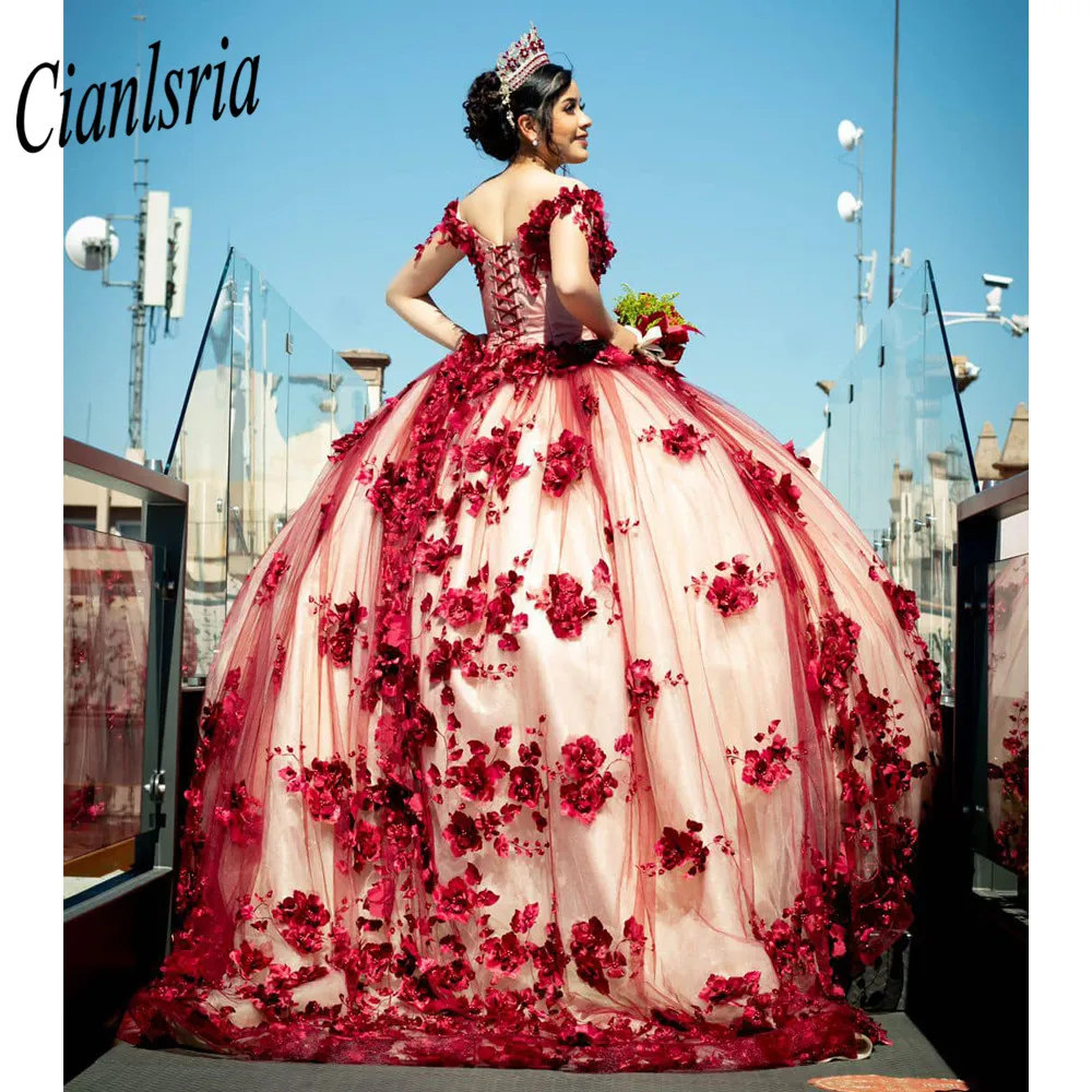 Vestido Rojo De fiesta sin hombros, flor 3D, quinceañera, princesa dulce, 16 Vestidos De 15 años