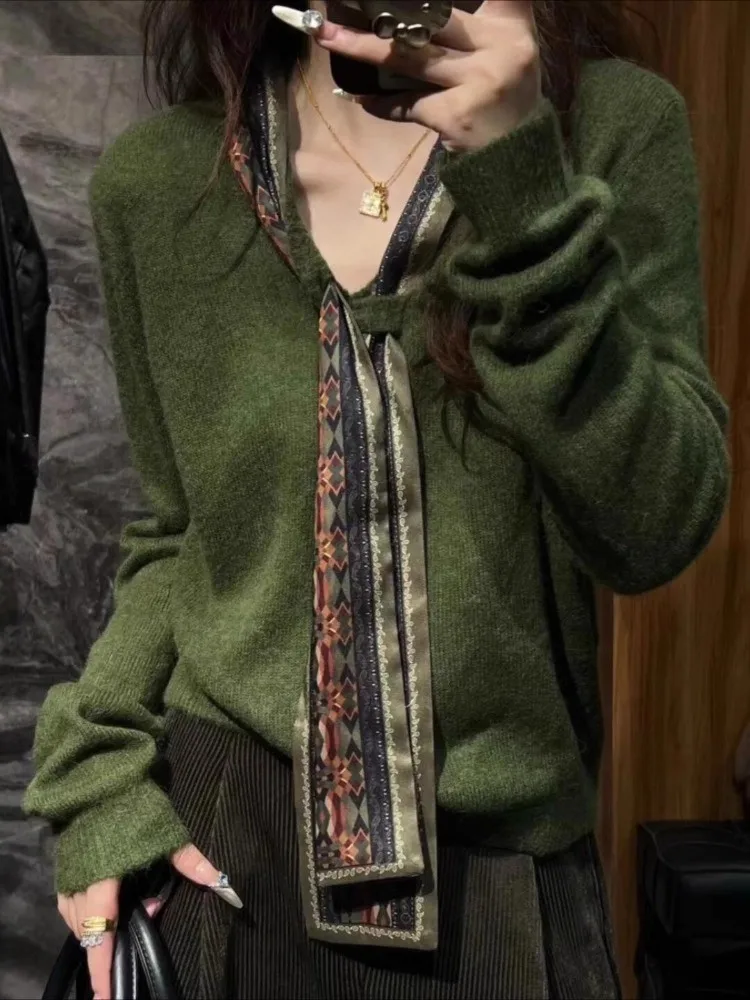 Suéter de punto Retro para mujer Faion Otoño Invierno adelgazante Ele de gama alta largo Sve Top V-ne corte suelto exclusivo en línea