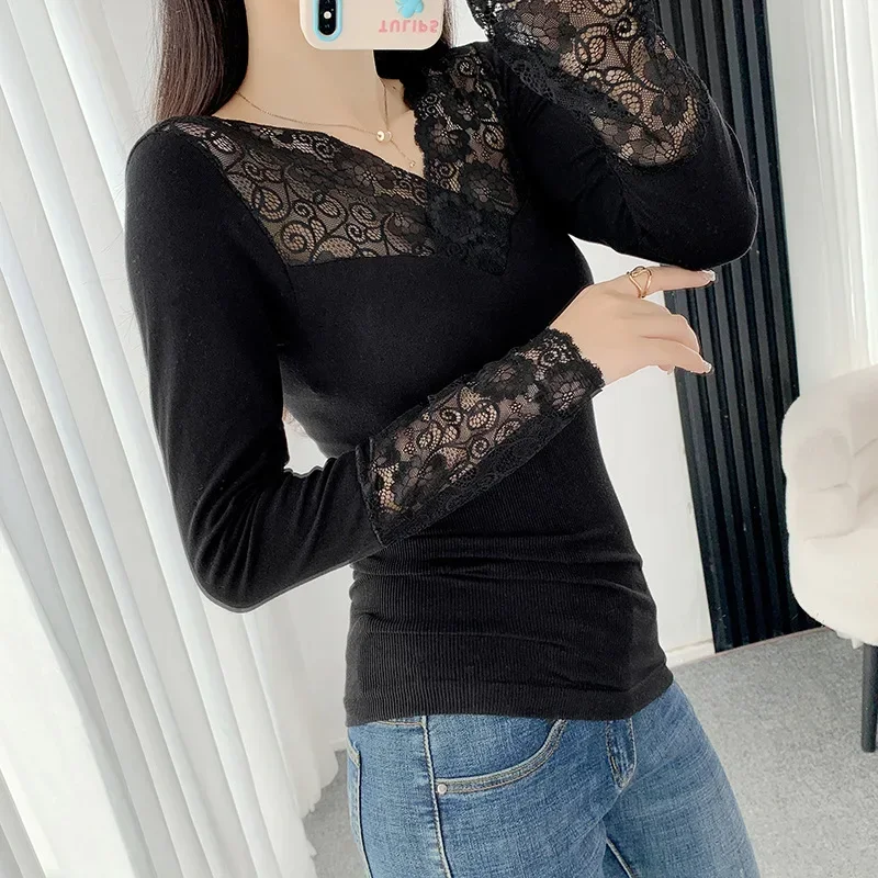 Sexy Lace Thermal Underwear Women Winter Warm Autumn Bottoming Shirt Top Long-Sleeved Knitted Deep V-neck Coat Base Girls Korean