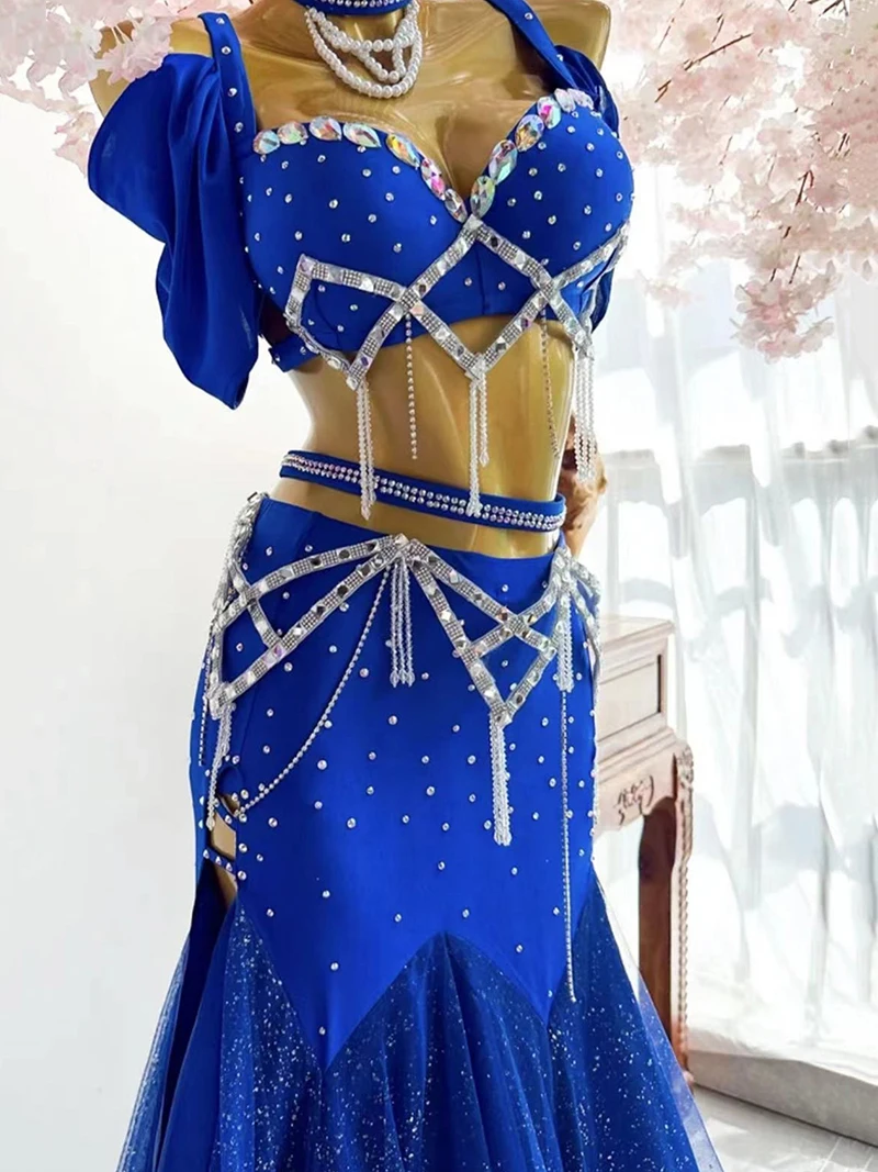 Fashion Belly Dance Performance Beading Diamond Embroidery Mesh Long Skirt for Womens Set Oriental Dancewear Costume Outfits