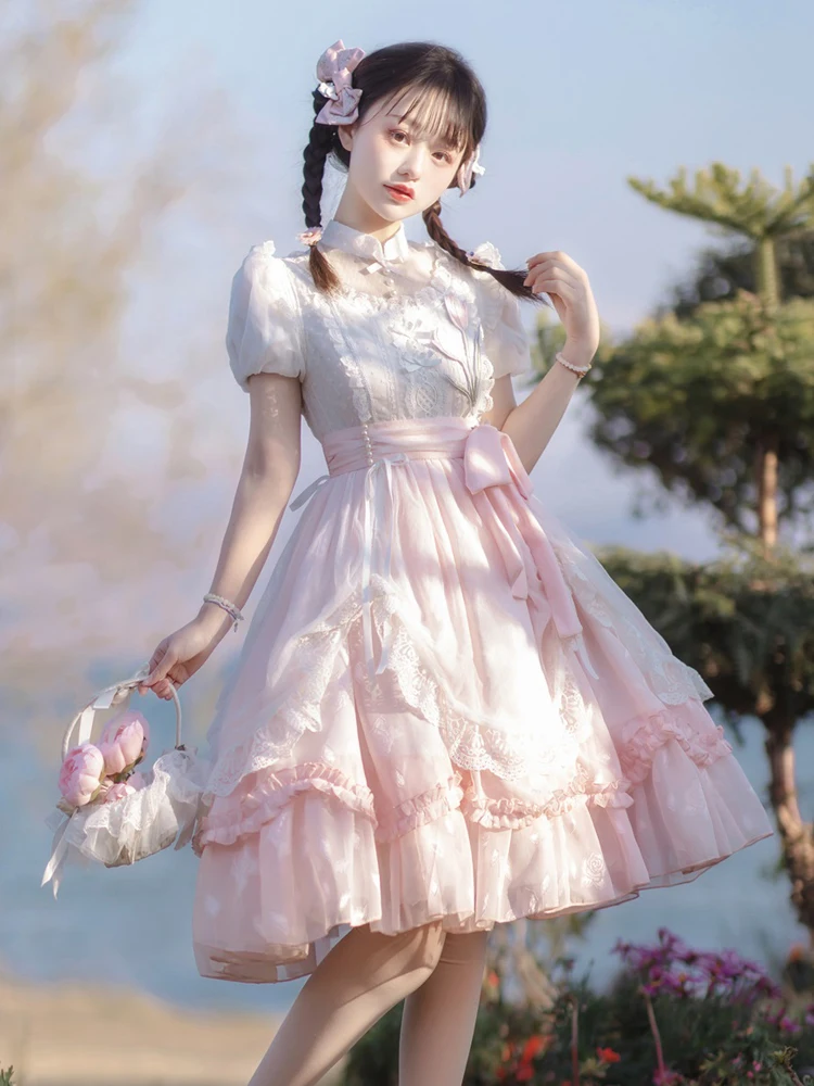 Robe Lolita à Manches Courtes pour Fille, Tenue Élégante Op Super Dégradé, en Dentelle, Douce, pour Anniversaire