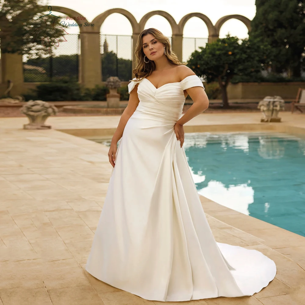 

Simple Off Shoulder Wedding Dresses Plus Size V Neck Sleeveless Bride Gowns Pleat Floor Length Satin A-Line Robe De Mariee 2024