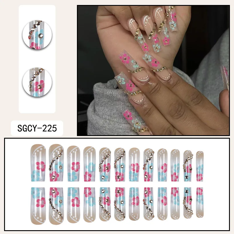 24 lange Särte mit französischen Mustern, Blumen, Schmetterlingspunkten, diamantglänzende künstliche Nägel, zum Aufdrücken der Nägel – Detail 3