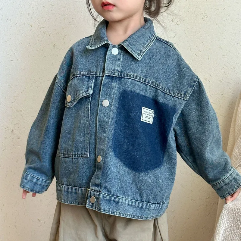 

2-8Y Children's Clothing 2025 Spring New Vintage Girls Coat Turn Down Collar Boys Denim Jacket Loose Casual Kids Outerwear